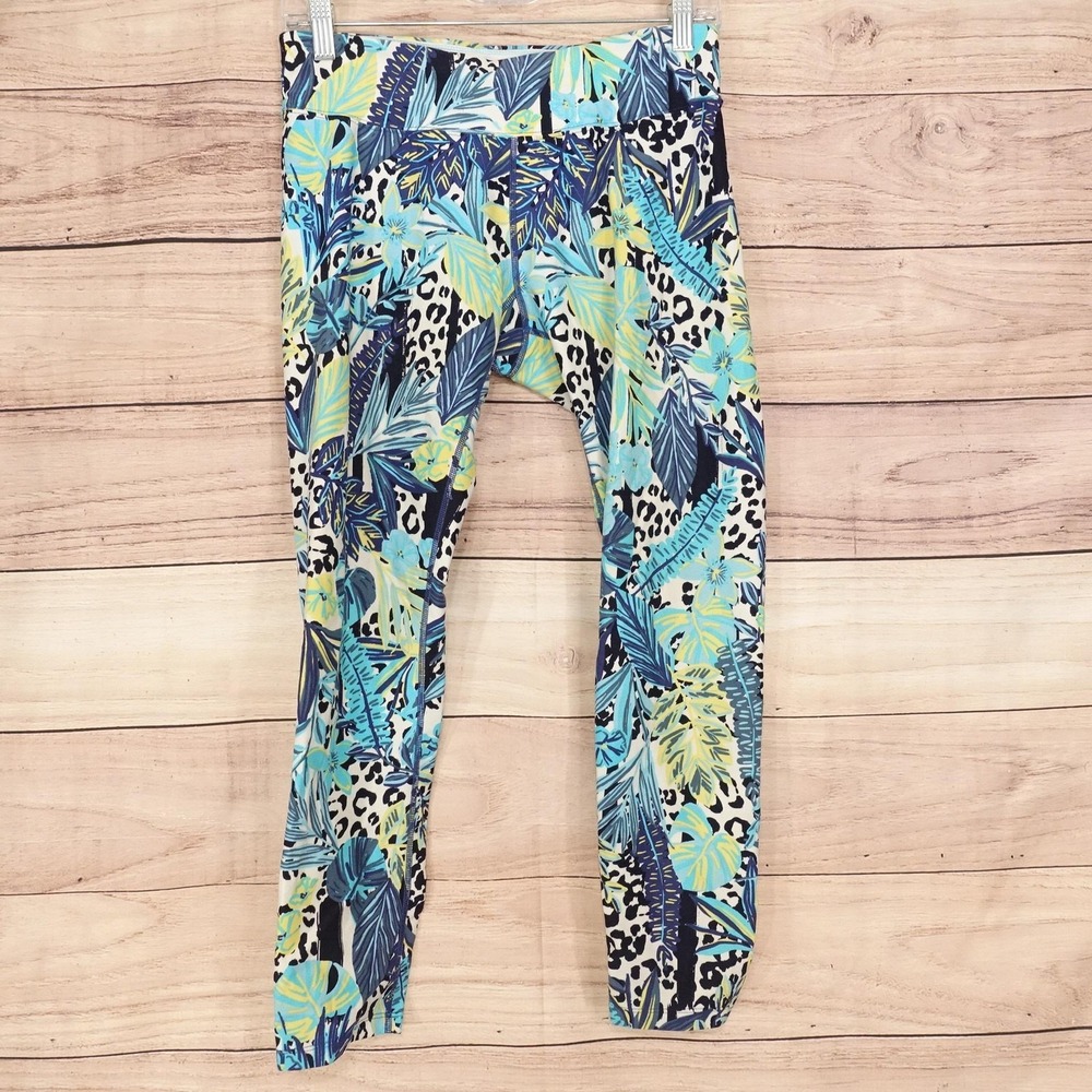 Calvin Klein Performance Leggings Womens M Blue Floral Cropped Wicking Yoga Gym